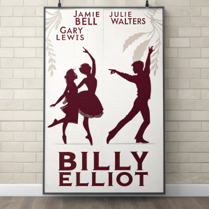 Theatrical poster for Billy Elliot. Features silhouettes of the cast members including Jamie Bell, Julie Walters, and Gary Lewis. Dynamic ballet pose, white and maroon color palette, minimalist design