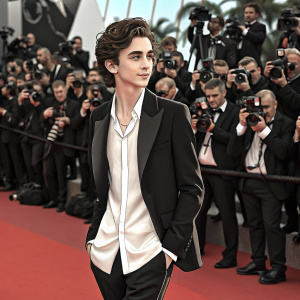 Timothée Chalamet at Cannes Film Festival. Wearing white shirt and black blazer. Crowded red carpet with flashing cameras