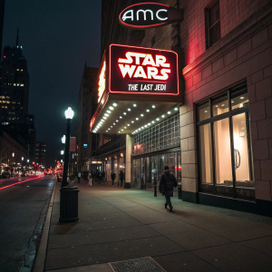 Neon 'Star Wars: The Last Jedi' sign outside AMC Theater, illuminated night scene