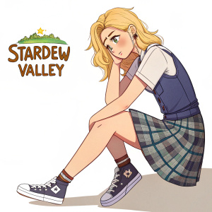 Digital illustration of a character from Stardew Valley. Female, with blonde hair, distressed expression, and casual outfit including plaid skirt and high-top sneakers. The illustration is set against a blank background with the text 'Stardew Valley' nearby.