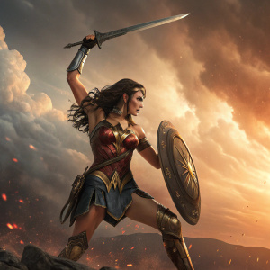 Digital art of Wonder Woman. Dynamic pose with raised sword and shield. Fiery background with stormy clouds.