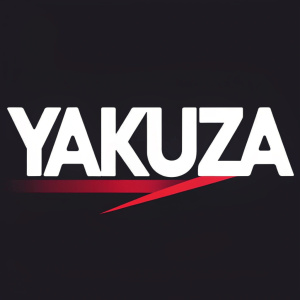 Minimalist logo design for 'Yakuza'. Brand name in large, bold white letters on a dark background. Angled red line for accent.