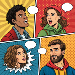 A vibrant, full-color comic strip featuring dynamic facial expressions and speech bubbles. Characters have unique appearances and the speech bubbles are key to advancing the plot. The artwork captures the essence of modern comic book design.