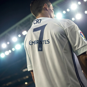 Close-up of Cristiano Ronaldo's Real Madrid jersey, featuring the Emirates airline logo and his name on the back. Bright stadium lights in the background.