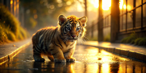 Mini Baby Fat Tiger ((2 weeks))  is looking at the water from the sidewalk, full body, in the style of detailed atmospheric portraits, manapunk, golden light
