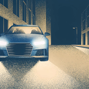 A high-tech, sleek blue Audi RS6 Avant in an urban setting at night. The car's headlights are on, casting a bright glow in a dark alley, highlighting its modern design and features. Digital rendering with a focus on the car's front and headlight.