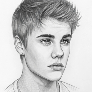 Sketch of Justin Bieber's face. Simple grayscale pencil drawing emphasizing facial features