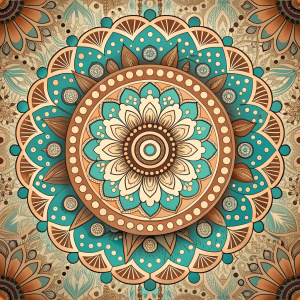 minimalistic pattern, Indian symbols, mandala,tones brown, beige,turquoise