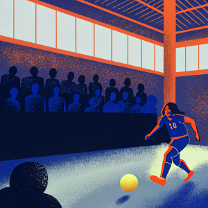 Crystal Dunn, dressed in USWNT jersey number 19, running and kicking a yellow ball. Indoor gymnasium setting with spectators.