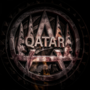 A mysterious emblem, the name 'Qatar', woven from an array of forms and colors, some radiating with fiery brilliance.