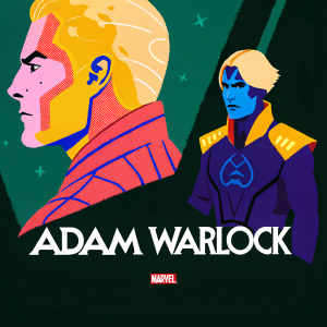 Promotional artwork for 'Adam Warlock'. Stylized graphic with black and yellow colors. Adam Warlock, Rocket Raccoon, and other Guardians of the Galaxy members in dynamic poses. Title 'Adam Warlock' and Marvel logo prominently displayed at the bottom.