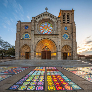 The grand entrance of San Pedro Apostol de Avila sanctuary. Majestic stone archway towering with vibrant stained glass. Circular window and intricate patterns flank the grand facade.