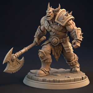 3D model of Baine Bloodhoof. Standing in combat stance. Detailed, rough textured surface. Curved base. Dark background.