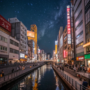 Dotonbori at night, Osaka, Japan. Tall buildings and bright neon lights reflect in the canal. Crowds of people on the walkways.