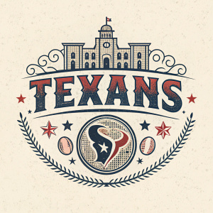 A vintage-style illustration of the Texans logo, featuring an old-school font and textured design.