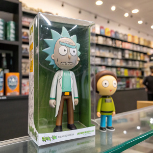 Rick and Morty action figure set. In sealed packaging. Store display background.