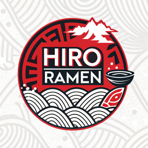 A vibrant and dynamic logo for HiRo Ramen, combining traditional Japanese symbols with modern design elements. Predominantly red and black, set against a textured abstract background.