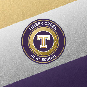 Timber Creek High School logo, featuring a sleek 'T' symbol within a circular badge. Set against a gradient background of gold, gray, and muted purple tones.