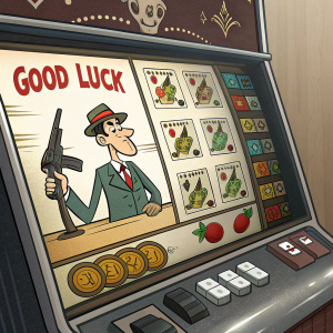Vintage-style slot machine game with Mafioso theme. Cartoonish characters and a sleek betting section. 'Good Luck' message in the corner.