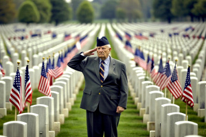 American Senior War Veteran saluting his fallen comrades graves at a cemetery