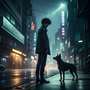 Anime scene from Cowboy Bebop. Spike Spiegel and his robotic dog Ein. Dark, gritty cityscape background.