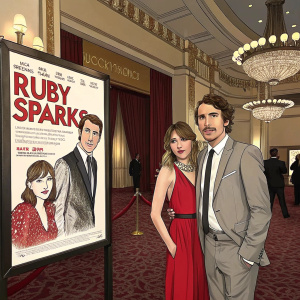 Paul Dano, Zoe Kazan, and Chris Messina attending the Hollywood premiere of 'Ruby Sparks'. They pose with a large movie poster in the background. Inside a grand theater.