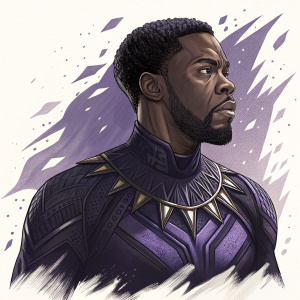 Digital art of Black Panther, Marvel Cinematic Universe. Dark purple outfit with detailed patterns. Panther-themed artwork.