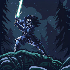 Samurai Jack, with a fierce expression, standing on a rocky cliff. Surrounded by dark, ominous forest. Dynamic action stance with a glowing sword in hand. Background filled with detailed animated elements. Vibrant colors and bold font.