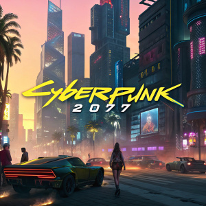 Title screen for 'Cyberpunk 2077'. Futuristic cityscape with neon lights. Warm and cool colors blend, illuminating the scene.