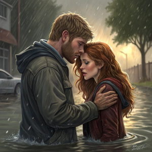 Mike Vogel and Rachelle Lefevre in a dramatic scene from 'Under the Dome'. They are in a flooded street, with Mike comforting Rachelle who has messy hair and a worried look.