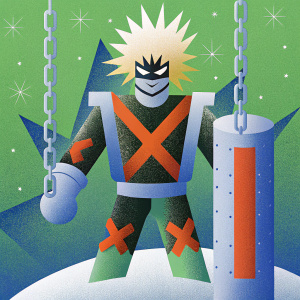 My Hero Academia Bakugou action figure by McFarlane Toys. Black, green, and orange colors with metallic details. Fierce pose