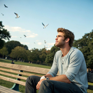 Liam Hemsworth, dressed casually, sitting on a wooden bench in a park. Birds flying in the background