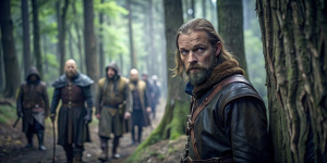 IS THE  MEDIEVAL MAN HIDING IN THE WOOD, HE'S LOOKING OUT FROM BEHIND A TREE, STANDING SIDEWAYS TO THE CAMERA, IN THE BACKGROUND IN THE WOODS, MEDIEVAL BRIGANDS IN DIRTY LEATHER CLOTHES ARE WALKING PAST HIM.HORROR FILM ATMOSPHERE,GREEN GAMMA, DINAMIC VIEW, DARK , SIDE VIEW, FULL SHOT
