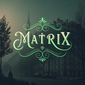 Digital graphic design showcasing the word 'Matrix' in an elegant, green font. The text appears to float on a dark background, creating a striking contrast. Inspired by the Matrix film series, this design combines modern and artistic elements, emphasizing typography and color contrast.