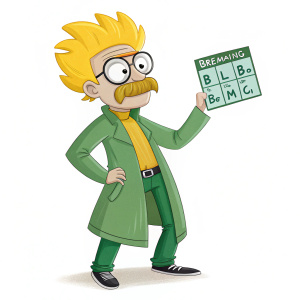 Cartoon Walter White from Breaking Bad. Bright yellow hair, green lab coat. Poses with bromine symbol from periodic table. Digital artwork