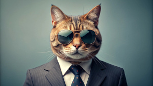 A cat wearing sunglasses and a suit with a tie. Generative AI image.