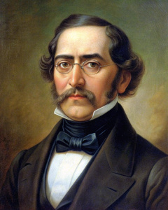 Gustavo Adolfo Rivas Silva. Elegante. Presidente. Demócrata. Bigote corto. Pelo largo. Lentes. 70 años. Año 1840. Retrato en pintura. 