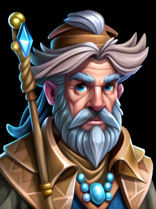 A character illustration of a dnd style adventure old man vibrant colors