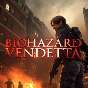 Promotional artwork for Resident Evil: Vendetta. Fiery background with BIOHAZARD VENDETTA text in bold red letters