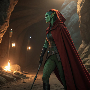 Aayla, a Twi'lek from Star Wars, standing in a dimly lit cave. Green skin and dramatic pose. Red cloak contrasts with dark surroundings. Warm light from distant fire.