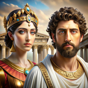 crea foto de  Cleopatra y Marco Aurelio del antiguo Egipto y escenario de Grecia y roma