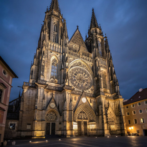 St Vitus Cathedral, Prague, Czech Republic. Majestic Gothic architecture illuminated at night. Soaring spires, intricate details, large rose window, pointed arches, sculptures, elaborate tracery.