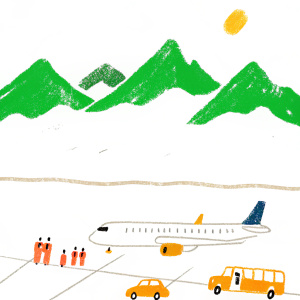 A wide shot of Allegiant Air plane on the tarmac. Snow-capped mountains in the background. The plane has a white body with a sunburst logo in blue. Airport staff and vehicles visible