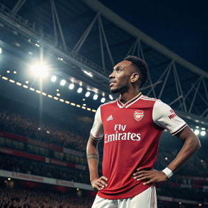 Pierre-Emerick Aubameyang, dressed in Arsenal's home kit, poses for a photo. The stadium's lights illuminate his face, casting a radiant glow. A sea of supporters in the background, cheering wildly