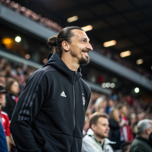 Zlatan Ibrahimovic, sporting a neat beard and bun, in a casual setting. Wearing a black Adidas tracksuit, standing in a crowded stadium.