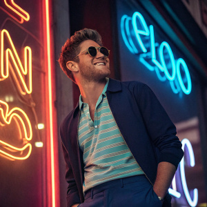 Niall Horan, sporting a charming smile and stylish sunglasses, stands confidently against a vibrant neon sign backdrop.