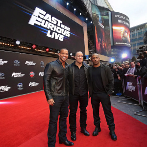Vin Diesel and crew at London's O2 arena for Fast and Furious Live event. Red carpet and backdrop with logos.
