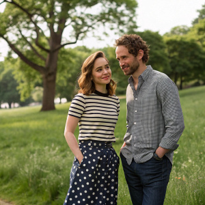 Emilia Clarke and a man at a park. She's in a polka dot skirt and striped shirt, while he wears a gray shirt. They pose casually.