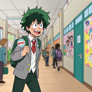 Young Izuku Midoriya from My Hero Academia, standing energetically in a school hallway. His green hair winds around his face, his eyes wide with excitement. In his left hand, he holds a badge that reads 'Hero'. The background is filled with bustling students and colorful posters.