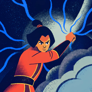 Digital illustration showcasing Azula from Avatar: The Last Airbender in an intense, focused stance. Dark hair framing her face, swirling blue energy lines emanating around her. Dark, dramatic background.